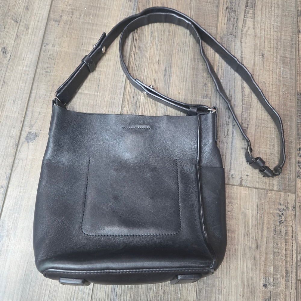 AllSaints Black Leather Crossbody Bag Minimalist Adjustable Strap Pocket